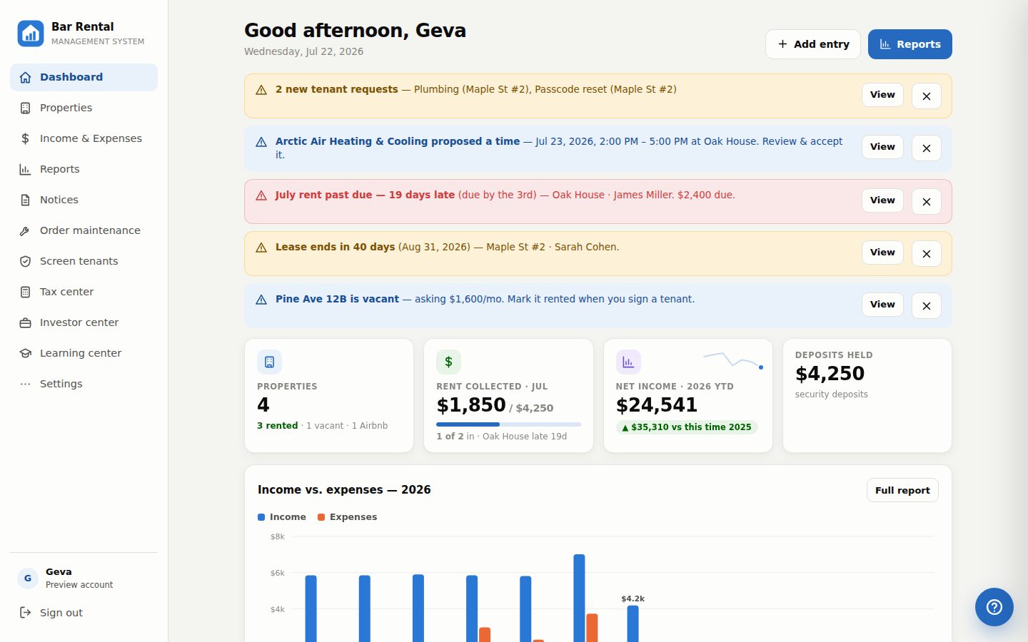 Bar Rental Management System dashboard
