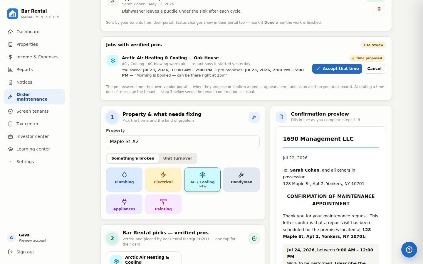 Order maintenance screen with pro finder and tenant scheduling