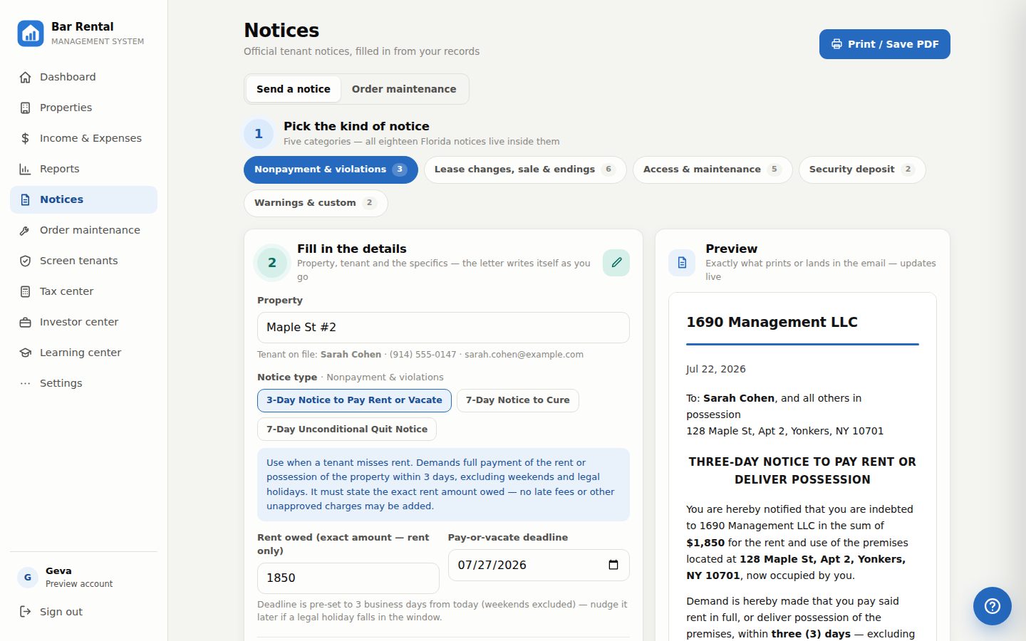 Notices screen with category buttons and a security deposit claim letter